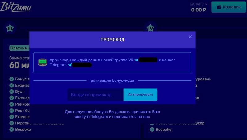 Активация промокода в Bitzamo